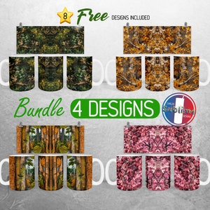 May include: Bundle of 4 sublimation designs for mugs featuring different camouflage patterns. The designs include green, brown, orange, and pink camouflage patterns. The text "Bundle 4 Designs" is in green letters on a white background.