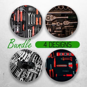 May include: Four different designs of tool sets, each with a black background and a variety of tools in red and silver. The tools include wrenches, screwdrivers, pliers, and a level.