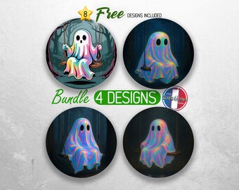 Irisdescent Halloween Ghost Car Coaster PNG Bundle Ghost in the Swing Coaster Sublimation Designs Trendy Spooky Season Coaster Designs