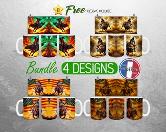 Western Rodeo Bull Mug Wrap Bundle American Cowboy Mug PNG Design Bull Rider USA Full Mug Wrap | 11oz and 15oz Mug Sublimation