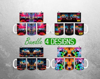 Caneca de sublimação para jogos de 11 onças e 15 onças, caneca para controle de videogame, pacote completo de canecas para envoltório de café