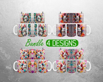 3D paashaas mok wrap kleurrijke paasei 11 oz en 15 oz mok sublimatie ontwerp gat in muur konijn volledige mok wrap ontwerpen bundel, PNG