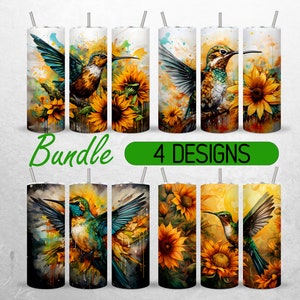 Watercolor Hummingbird Tumbler Wrap Humming Bird Sunflower Tumbler PNG Bundle Colorful  Sublimation +18 FREE Tumbler Designs 20oz Straight