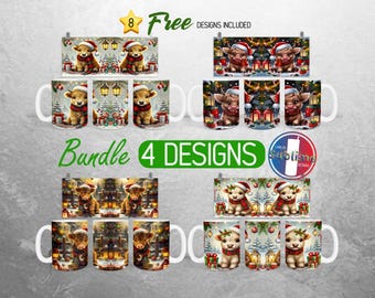 May include: A bundle of 8 sublimation designs featuring 4 different designs of mugs with a Christmas theme. Each mug features a cute cartoon Highland cow wearing a Santa hat and surrounded by Christmas decorations. The text "Bundle 4 Designs" and "8 Free Designs Included" is visible on the image.