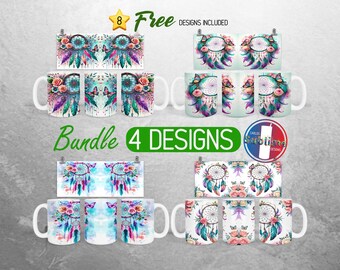 Butterfly Boho Dreamcatcher Mug Wrap Bundle Floral Butterfly Mug PNG Design Colorful Feathers Dreamcatcher Mug Wrap | 15oz Mug Sublimation