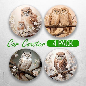 Floral Owl Car Coaster PNG Snow Owl Car Coaster Sublimation Designs Winter Woodland Car Coaster Designs Car Coasters Bundle