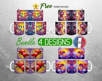Hearts Valentine Day Mug Wrap Bundle Daisy Flower Mug PNG Design Love Floral Valentine Mug Wrap | 11oz and 15oz Mug Sublimation