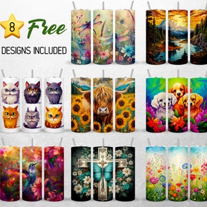 May include: Eight different designs for sublimation tumblers. The designs include a dragonfly, a highland cow, a cross with a butterfly, a hummingbird, a cat, a dog, and a field of flowers.  8 Free Designs Included.