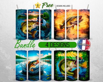 Bass Fish Tumbler Wrap Bundle Angler Fisherman 20oz Tumbler PNG Bass Fishing Tumbler Design 20oz Skinny Tumbler Sublimazione PNG