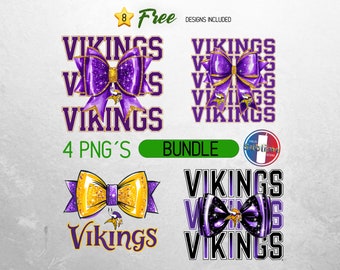Könnte beinhalten: Vier digitale Designs mit einer lila und goldenen Schleife mit dem Wort "VIKINGS", das in einer lila und goldenen Schrift wiederholt wird. Die Designs sind perfekt für die Erstellung von individueller Kleidung, Kunsthandwerk und mehr.