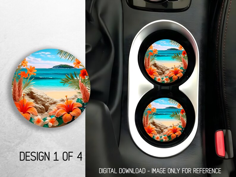 May include: Two round car coasters with a tropical beach scene. The coasters feature a blue ocean, white sand, palm trees, and orange flowers. The coasters are in a car cup holder.