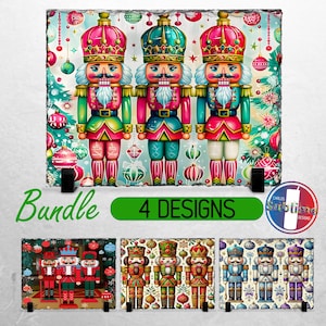 May include: A set of four colorful Christmas-themed coasters featuring nutcracker designs. Each coaster is made of slate and has a unique design with a different color scheme. The coasters are perfect for adding a festive touch to your holiday decor.