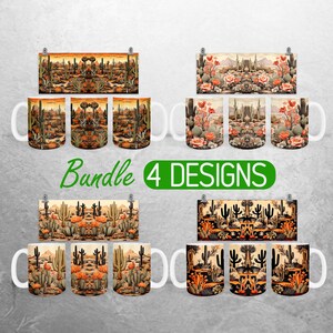May include: Set of four white ceramic mugs with different desert cactus designs. Each mug features a unique cactus pattern with vibrant colors and intricate details. The mugs are arranged in two rows of three, with the text "Bundle 4 DESIGNS" displayed in the center.