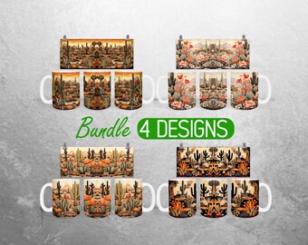 Envoltura de taza de desierto bohemio PNG Diseño de sublimación de taza de cactus occidental de 11 oz y 15 oz Diseños de envoltura de taza rústica de campo Paquete de envoltura de taza completa Taza PNG