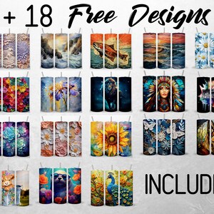 May include: A set of 18 free designs for sublimation tumblers. The designs include a variety of themes, such as flowers, animals, and landscapes. + 18 Free Designs INCLUDED