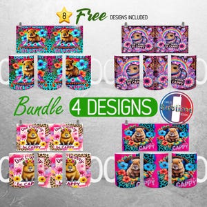 May include: A bundle of 8 sublimation designs featuring a capybara with the text "Don't Worry Be Cappy" on a variety of colorful backgrounds. The designs are perfect for creating mugs, tumblers, and other personalized items.