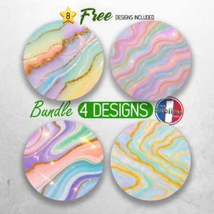 May include: Set of four digital designs featuring pastel pink, blue, and yellow marble patterns with gold glitter accents. The designs are perfect for creating custom tumblers, phone cases, or other crafts.