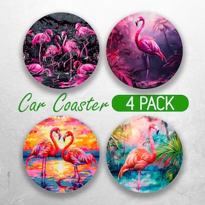 Pastel Flamingo Car Coaster PNG Pink Flamingos Car Coaster Sublimation Designs 3D Tropical Flamingo Car Coaster Design Car Coasters Bundle