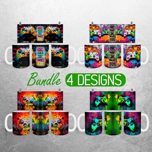 May include: A bundle of four gamer-themed designs. The designs feature colourful controller graphics and the word "GAMER" on mugs and posters. The mugs are white with the designs printed on them.