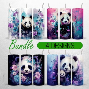 Cute Panda Tumbler Wrap Mom and Baby Panda Bear Tumbler PNG Colorful Floral Animal Tumbler Design +18 FREE 20oz Skinny Tumbler Sublimation