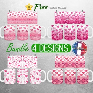 Hearts Valentine Day Mug Wrap Bundle Pink Hearts Mug PNG Design Love Glitter Full Mug Wrap | 11oz and 15oz Mug Sublimation