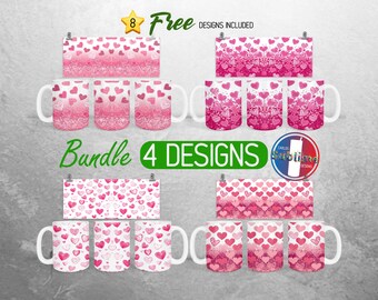 Hearts Valentine Day Mug Wrap Bundle Pink Hearts Mug PNG Design Love Glitter Full Mug Wrap | 11oz and 15oz Mug Sublimation