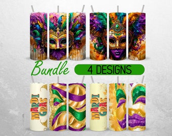 May include: A set of four Mardi Gras themed tumbler designs. The designs feature gold, purple, and green colors with glitter, feathers, and masks. The text "Mardi Gras" is featured on one of the designs.
