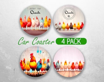 Funny Chicken Car Coaster PNG Rooster Car Coaster Sublimation Designs Farm Animal Car Coaster Bundle Car Coaster Designs