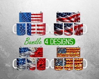 3D American Flag Mug Wrap PNG USA Flag 4th of July 11oz and 15oz Mug Sublimation Design Patriotic Mug Wrap Designs Full Mug Wrap Bundle PNG