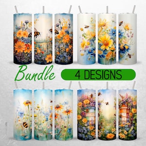 Puede incluir: Paquete de cuatro vasos de acero inoxidable de 20 oz con diferentes diseños florales y de abejas. Los diseños presentan flores, abejas y colmenas de estilo acuarela.