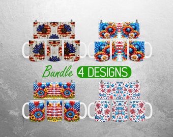 Paquete de envolturas para tazas del 4 de julio de EE. UU., diseño de sublimación de tazas de 11 oz y 15 oz con girasoles patrióticos, envolturas para tazas del Día de la Independencia, envolturas para tazas completas