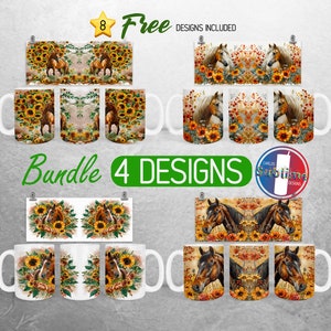Peut inclure: Un ensemble de huit designs de sublimation représentant des chevaux avec des tournesols. Les designs sont disponibles en quatre variations différentes, chacune avec un arrangement différent de chevaux et de tournesols. Les designs sont parfaits pour créer des tasses, des t-shirts et autres articles personnalisés.