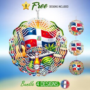 May include: A colorful wind chime featuring a Dominican Republic flag, musical instruments, and tropical fruits. The wind chime is made of metal and has a silver chain. The text "Dominican Republic Est 1844" is printed on the wind chime.