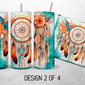 May include: Three turquoise and orange watercolor dreamcatcher designs on stainless steel tumblers. The dreamcatchers have feathers and beads.  "DESIGN 2 OF 4" is printed at the bottom of the image.