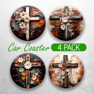 May include: Set of four round car coasters featuring a rustic wooden cross with floral accents. The cross is painted in a light brown color with a white center. The flowers are a mix of white, orange, and blue. The background is a textured brown and orange.