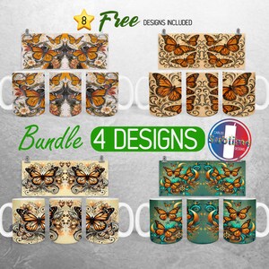 May include: A collection of butterfly-themed mugs and wall art. The designs feature orange and black butterflies with floral and celestial elements. The image includes the text "Bundle 4 Designs" and "8 Free Designs Included".