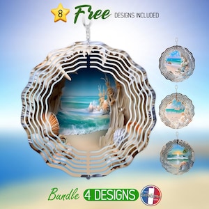 Peut inclure: Un mobile en métal à plusieurs niveaux avec un motif de plage avec des coquillages et des vagues. Le mobile fait partie d'un lot de 4 motifs. Le texte "Free Designs Included" est visible sur l'image.