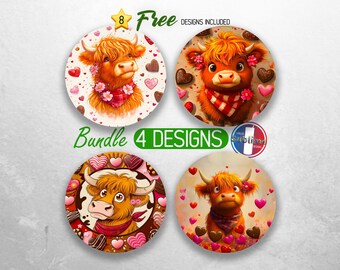 May include: Set of four round stickers featuring a cartoon Highland cow with pink hearts and chocolate designs. The text "Free Designs Included" and "Bundle 4 Designs" are also included in the image.
