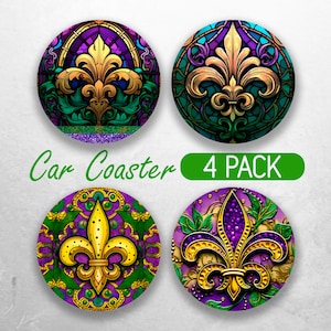 Posavasos para coche con diseño de flor de lis PNG Diseños de sublimación de posavasos para coche con diseño de feliz carnaval Diseños de posavasos para coche con diseño de fiesta de Nueva Orleans Paquete de posavasos para coche
