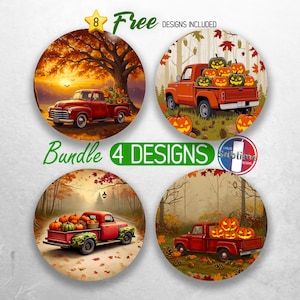 May include: Four circular designs showcasing red pickup trucks laden with pumpkins, set against autumnal scenes. The designs include text that reads "8 Free Designs Included" and "Bundle 4 Designs".