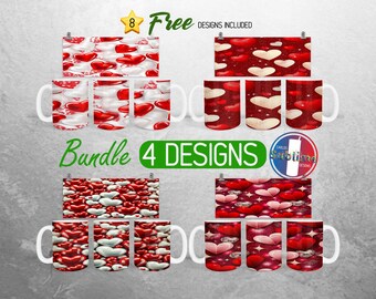 3D Valentines Day Hearts Mug Wrap Bundle Valentine Hearts Mug PNG Design Love Cupid Full Mug Wrap | 11oz and 15oz Mug Sublimation