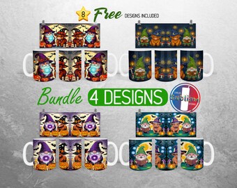 Cute Gnome Highland Cow Mug Wrap Bundle Halloween Pumpkins Mug PNG Design Fall Bats Full Mug Wrap | 11oz and 15oz Mug Sublimation