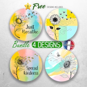 Just Breathe Car Coaster PNG Bees Sunflower Car Coaster Sublimation Designs Positive Affirmation Car Coaster Designs Car Coasters Bundle