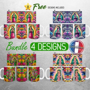 Paquete de envolturas para tazas de La Virgen de Guadalupe PNG, envoltura para tazas de 15 oz de la Virgen de México, diseños de envolturas para tazas completas de la Virgen de Guadalupe, sublimación de tazas mexicanas