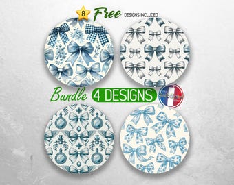 Blue Coquette Bow Car Coaster PNG Bundle Coquette Grand Millennial Car Coaster Sublimation Designs Toile de Jouy Girly Ribbon Coaster Design