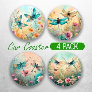 Dragonflies & Wildflowers Car Coaster PNG Colorful Dragonfly Car Coaster Sublimation Designs Flowers  Car Coaster Design Car Coasters Bundle