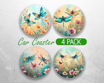 Dragonflies & Wildflowers Car Coaster PNG Colorful Dragonfly Car Coaster Sublimation Designs Flowers  Car Coaster Design Car Coasters Bundle