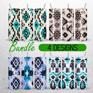 May include: A bundle of four 20 oz. insulated tumblers with various Southwestern-inspired designs. The patterns feature geometric shapes in turquoise, black, and brown on a white or light background. Each tumbler includes a silver straw. The text "Bundle 4 DESIGNS" is also visible.