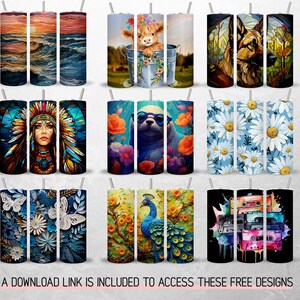 May include: A set of 12 sublimation designs for 20 oz tumblers. The designs feature a variety of themes, including animals, flowers, and abstract patterns. The designs are perfect for adding a personal touch to your tumblers.