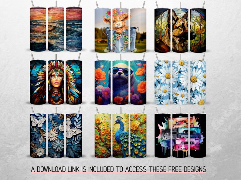 May include: A set of 12 sublimation designs for 20 oz tumblers. The designs feature a variety of themes, including animals, flowers, and abstract patterns. The designs are perfect for adding a personal touch to your tumblers.